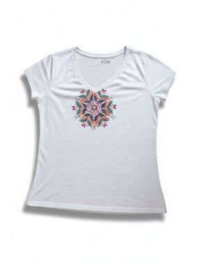 Columbia White Short-Sleeve V-Neck Tee with Floral Medallion